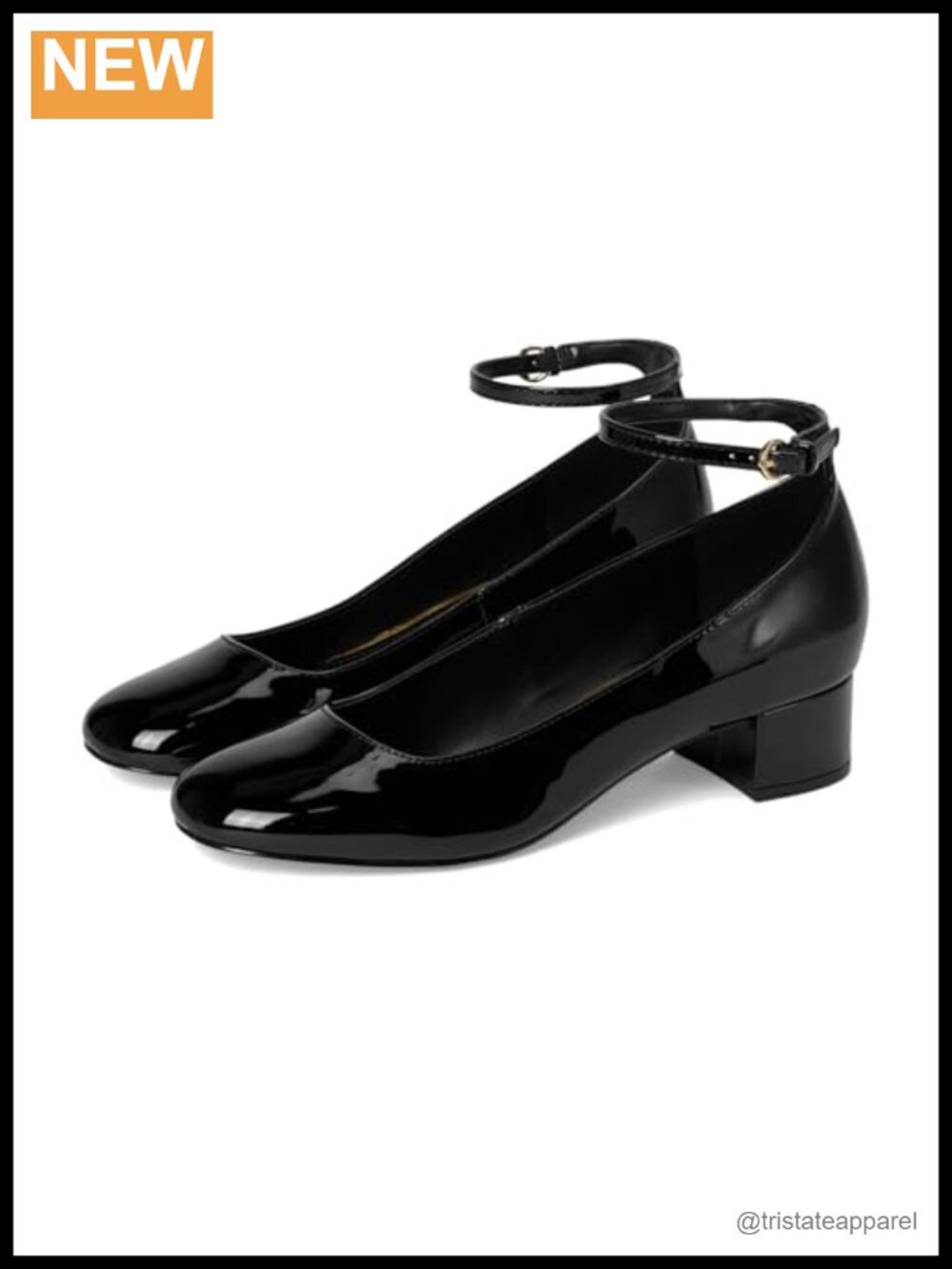 Faux Patent Leather Block Heel Dress Pumps Round Toe Buckle